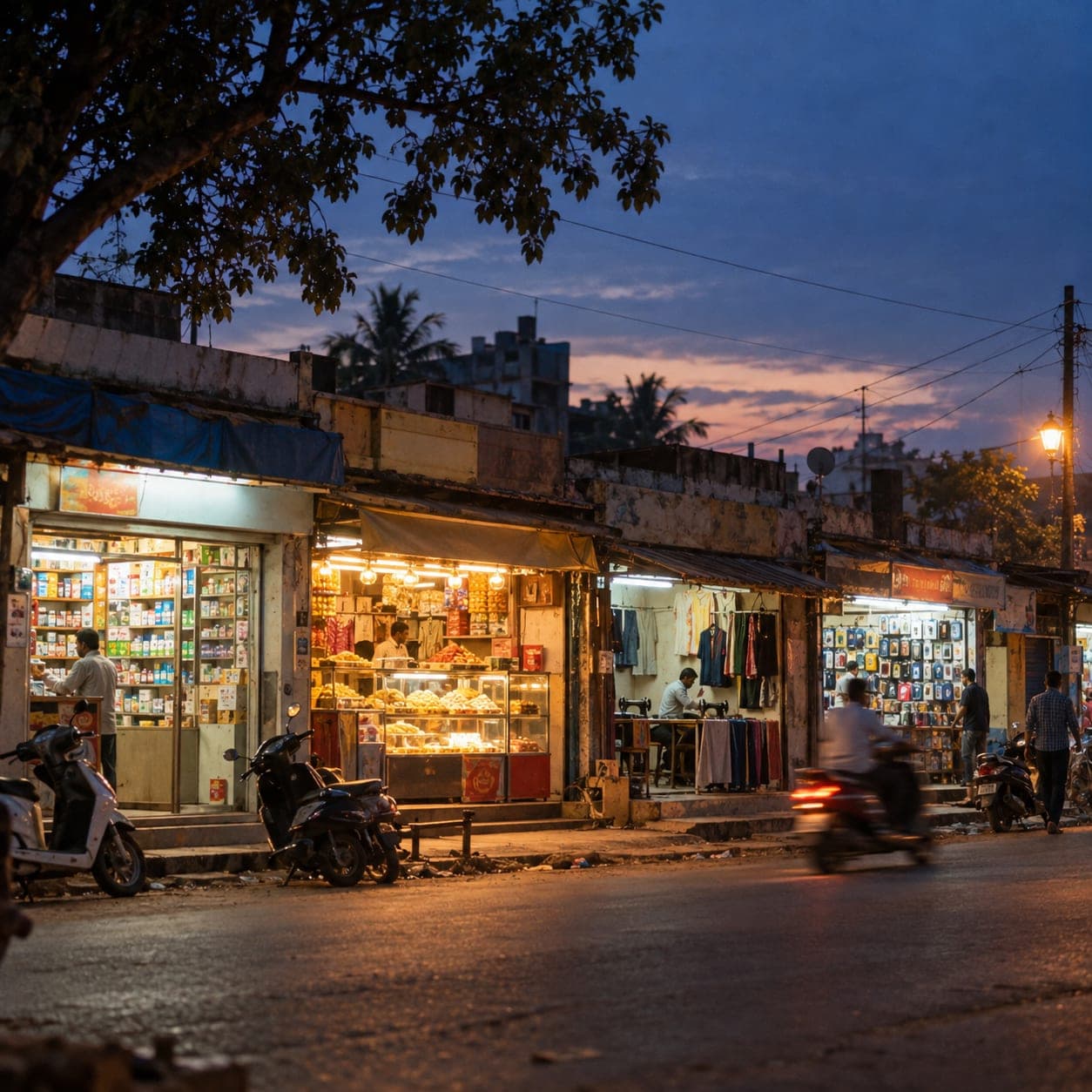 A small-town market street in Karnataka at dusk, with lit shopfronts and parked scooters