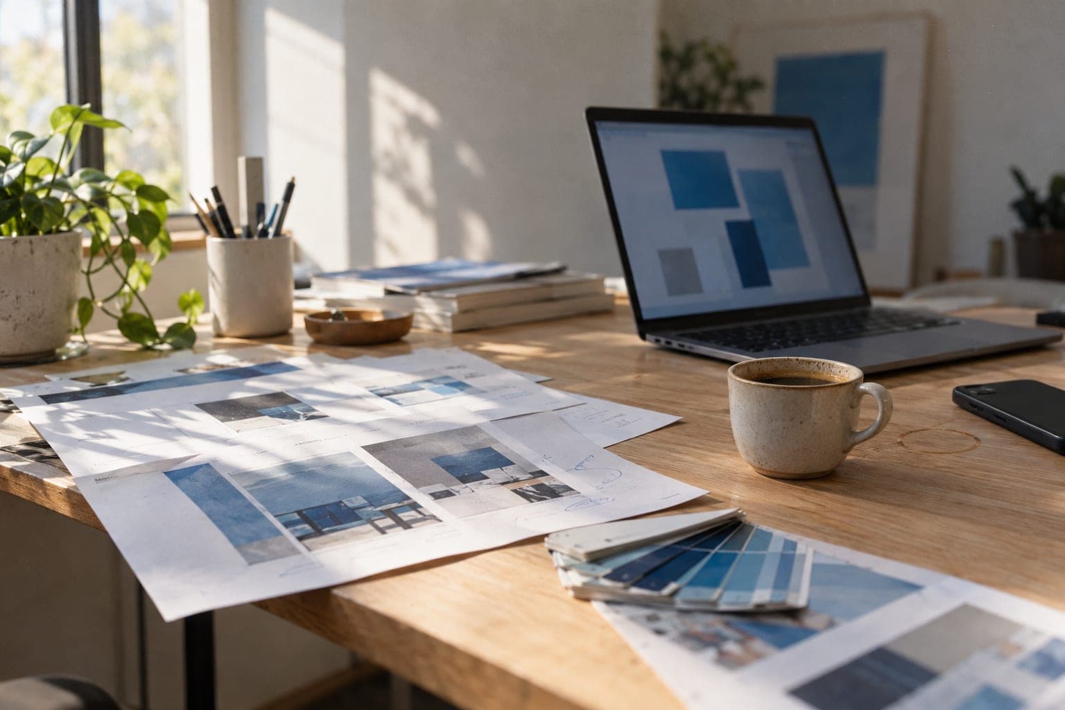 A design desk in morning light with a laptop, printed page proofs and blue colour swatches